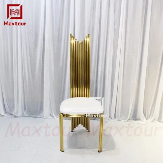 Mobília luxuosa para festa de casamento, aço inoxidável dourado, assento pu branco, cadeiras de jantar com encosto alto